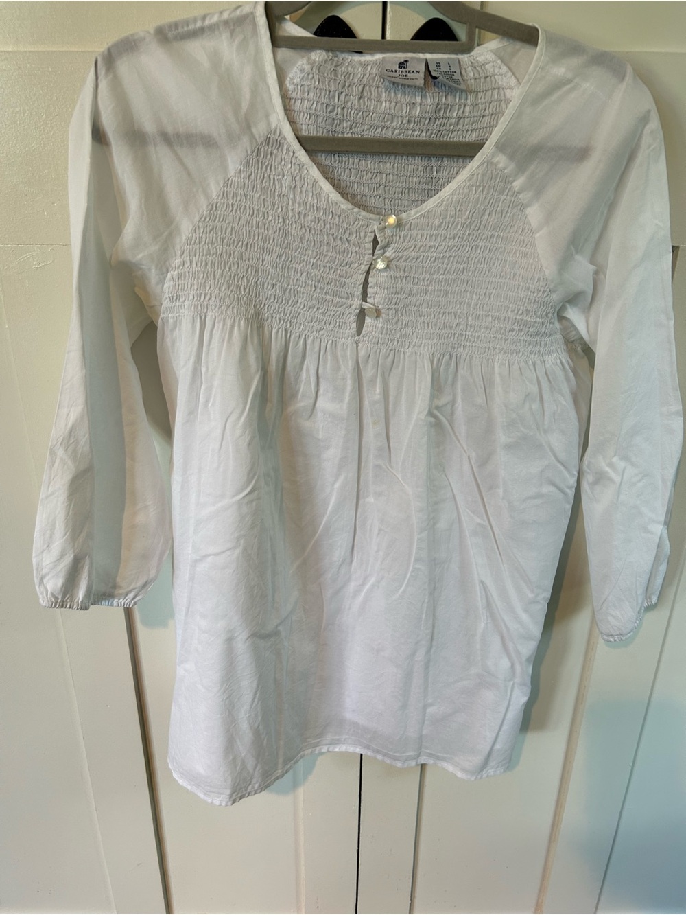 Caribbean Joe White Smocked Boho Peasant Top-Large